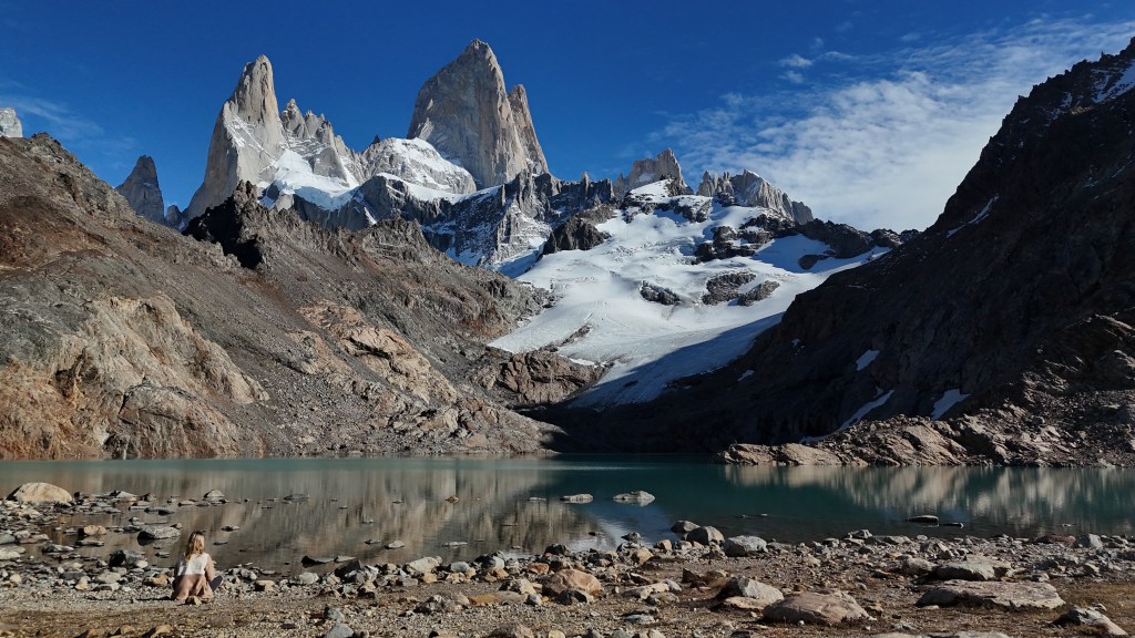 Women standing in front of Fitz Roy mountain in Patagonia, Argentina